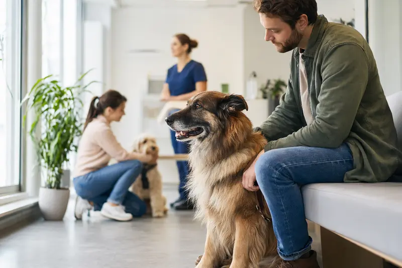 Ein Langhaar Schäferhund sitzt ruhig neben seinem Besitzer im hellen Wartezimmer einer modernen Tierarztpraxis.
